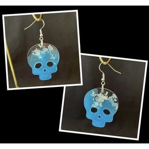 Blue & Clear Resin Halloweens Skull Earrings with Silver Flakes Hand Crafted